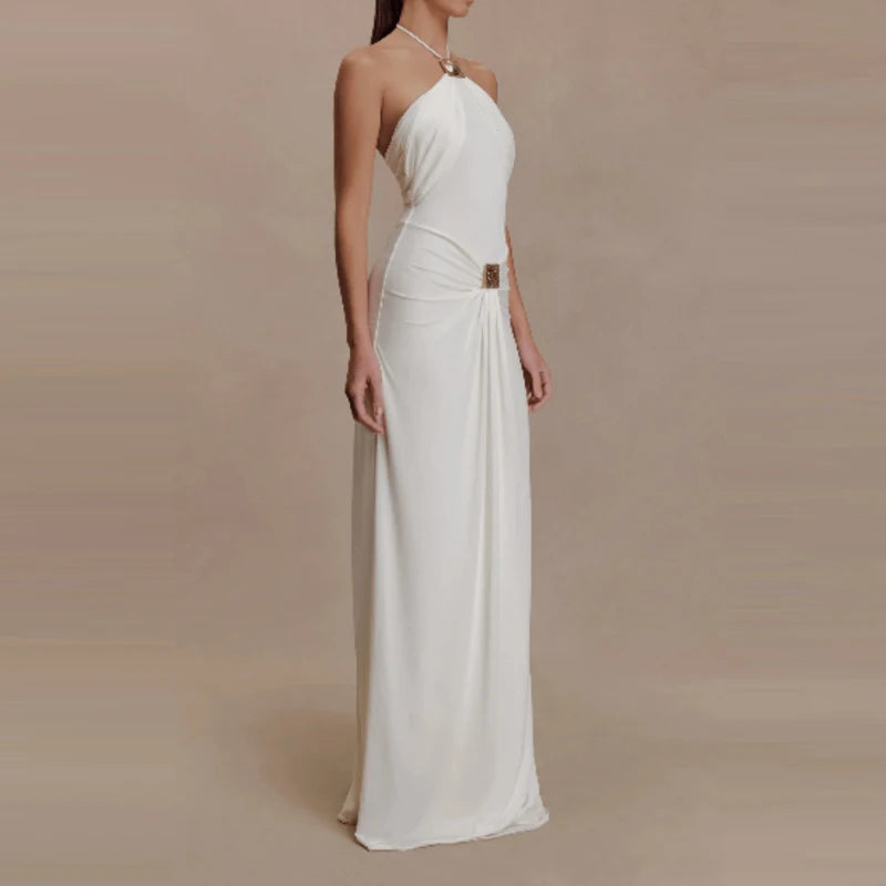 Elegant Sleeveless Draped Halter Evening Dress for Women