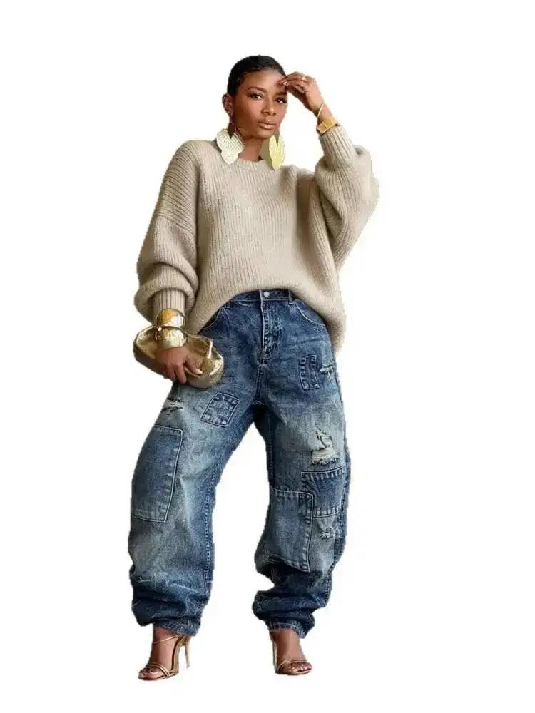 Washed Distressed Patchwork Loose Fit Jeans for Women