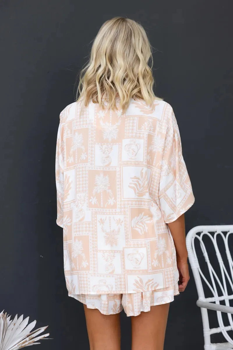 Summer Women Retro Print Short Sleeve 2PCS Loose Suits Casual V-Neck Shirt Top Elastic Waist Short Pants Sets Beachwear