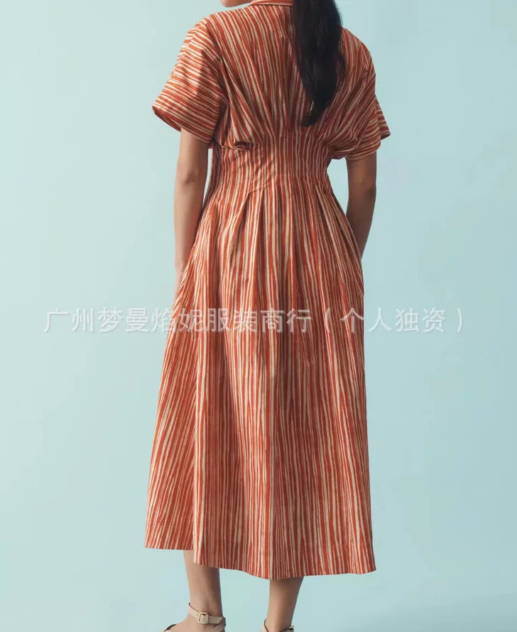 Elegant Striped Print Waist-Hugging A-Line Midi Dress for Women