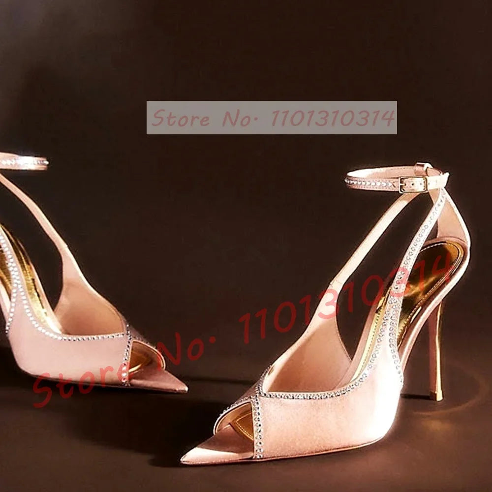 Pink Satin Peep Toe Sandals With Rhinestone Trim For Women