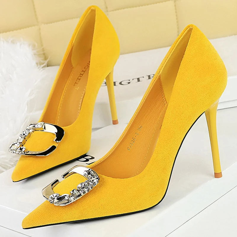 Elegant Rhinestone Buckle Suede High Heel Pumps for Women