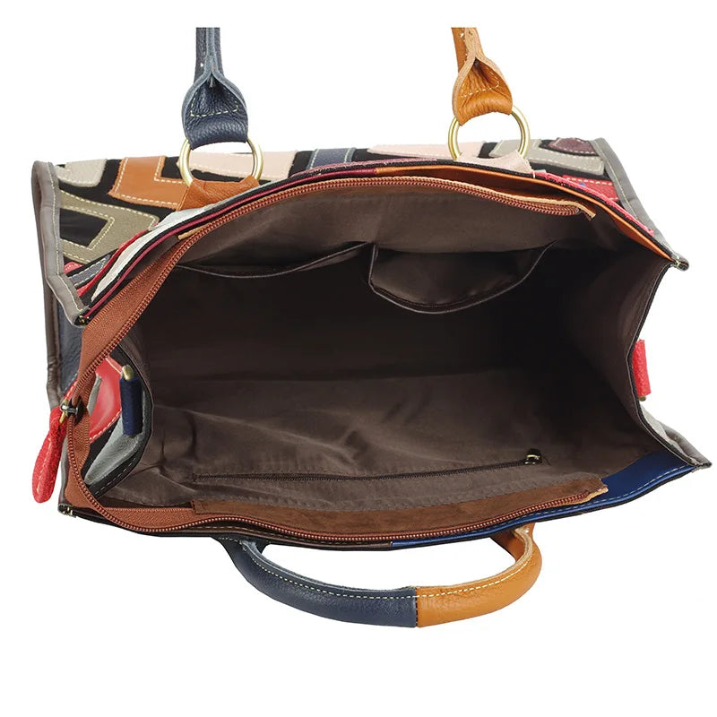 Genuine leather women's bag, ethnic style color contrasting design, large capacity tote bag, women's handbag