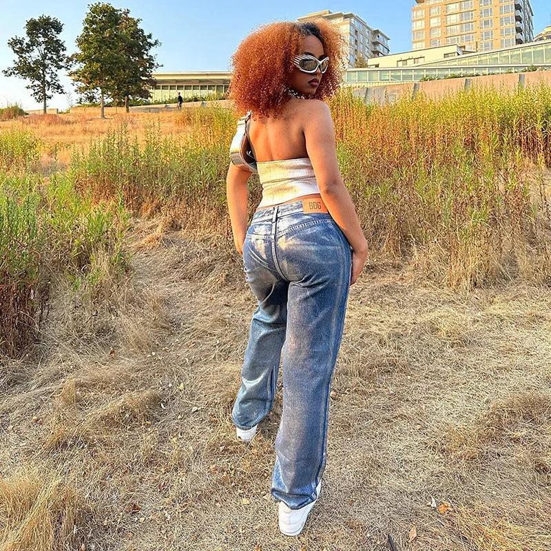 Cryptographic Fashion Vintage Strapless Gold Crop Tops Party Club Outfits for Women Tube Vest Sexy Backless Bustier Tops Y2K