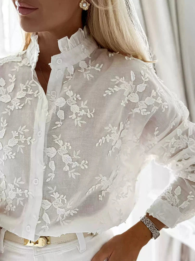 Lace Embroidered V Neck Long Sleeve Blouse for Women