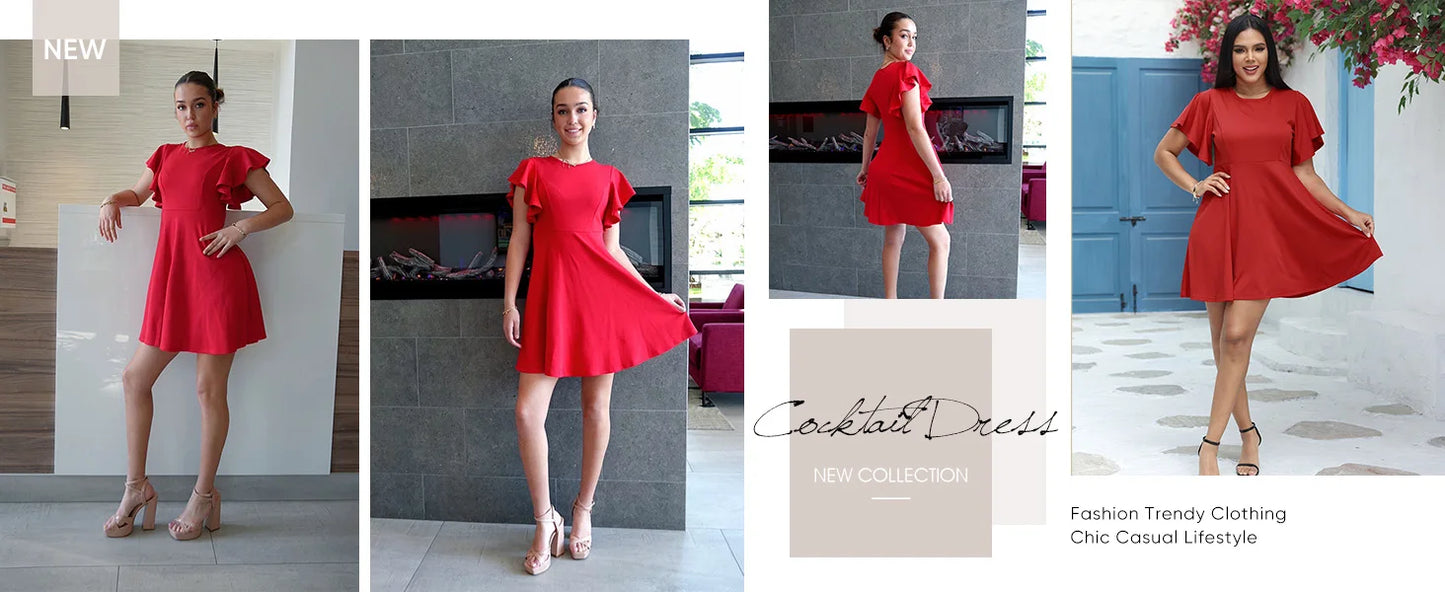 Summer 2025 Women's Dresses Elegant Vintage Ruffle Sleeve Flared A Line Swing Round-Neck Casual Party Cocktail Dress Women Cloth