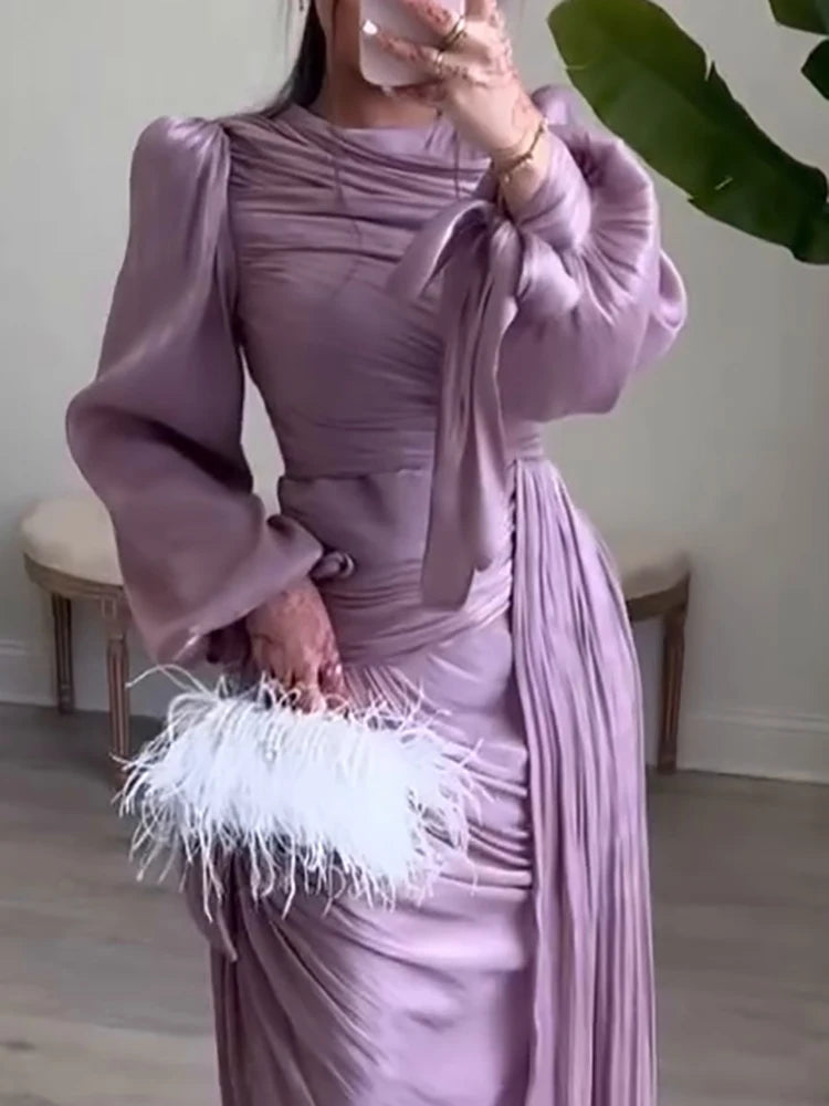 Lantern Sleeve Pleated Maxi With Lace Up O Neck Dress for Women