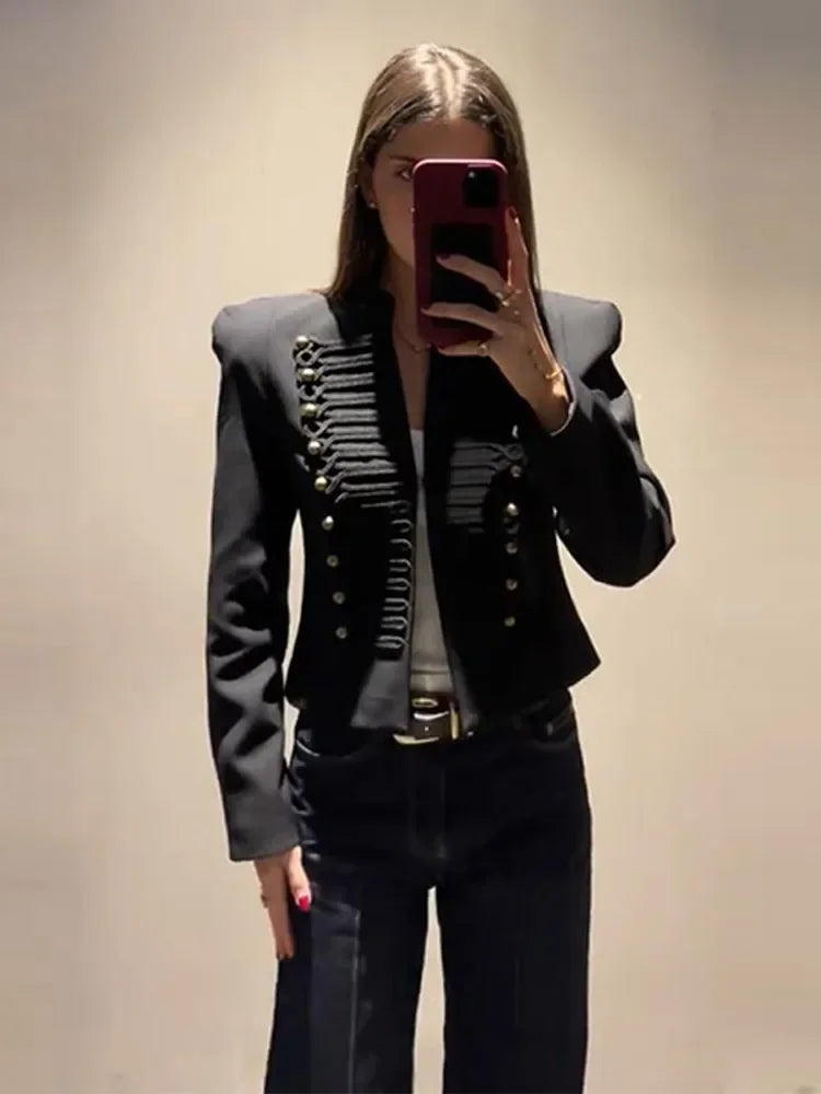 Chic Shoulder Padded Stand Collar Full Sleeve Blazer for Women
