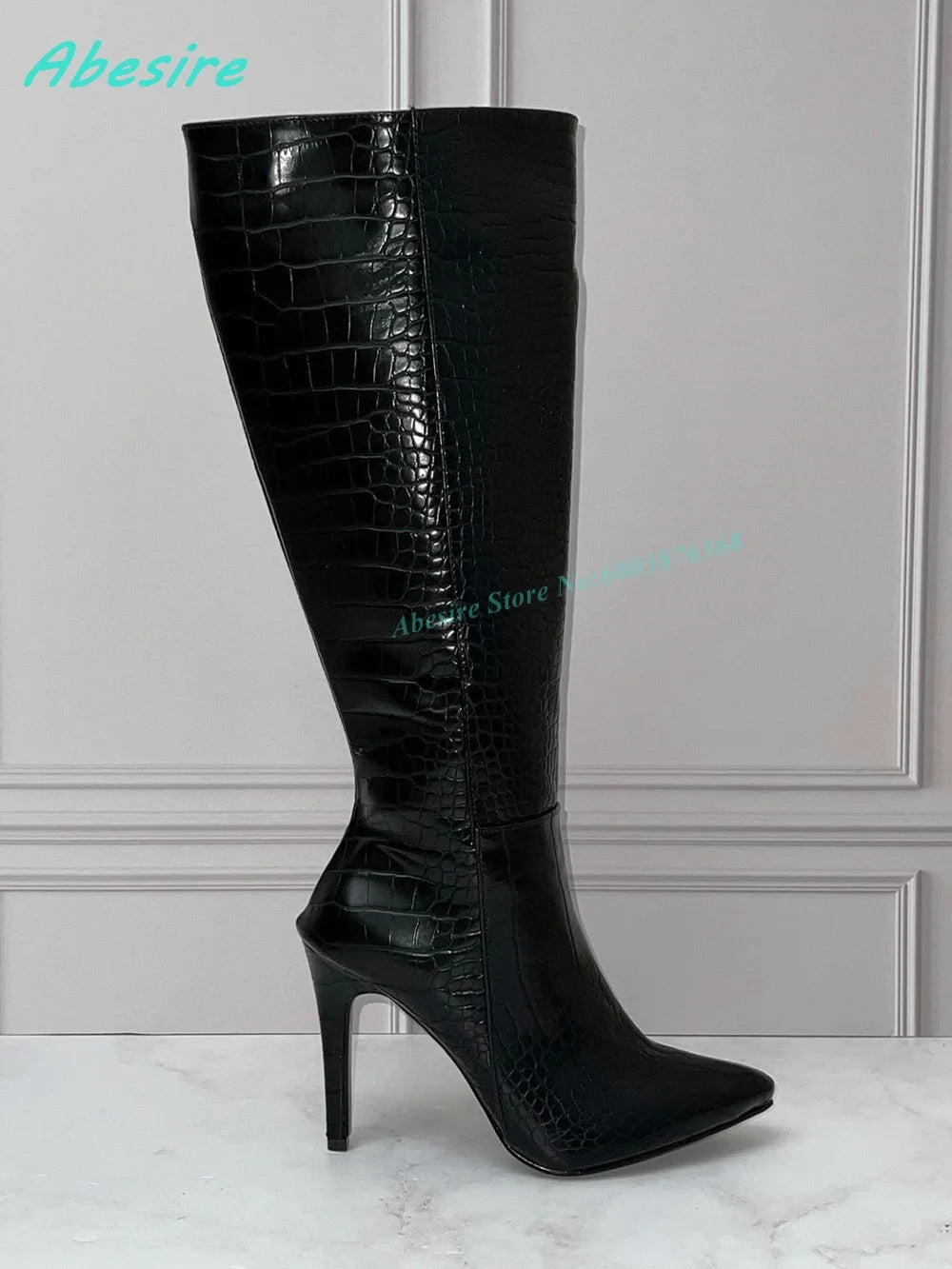 Burgundy Crocodile Pattern Knee High Boots Pointed Toe Stiletto Heel Side-Zipper Women's Boots Retro Sexy Daily Party Shoes