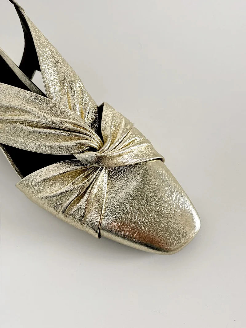 Handmade Real Leather Bowtie Square Heel Slingback Sandals for Women