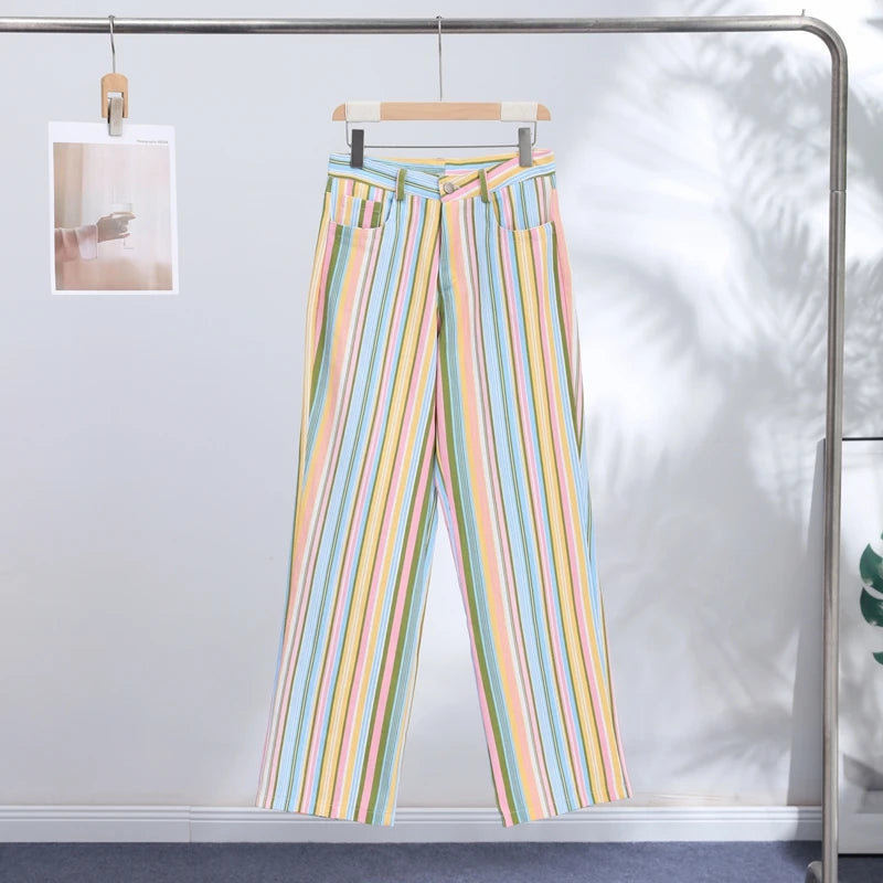 Color Block Rainbow Stripe Wide Leg Jeans for Women