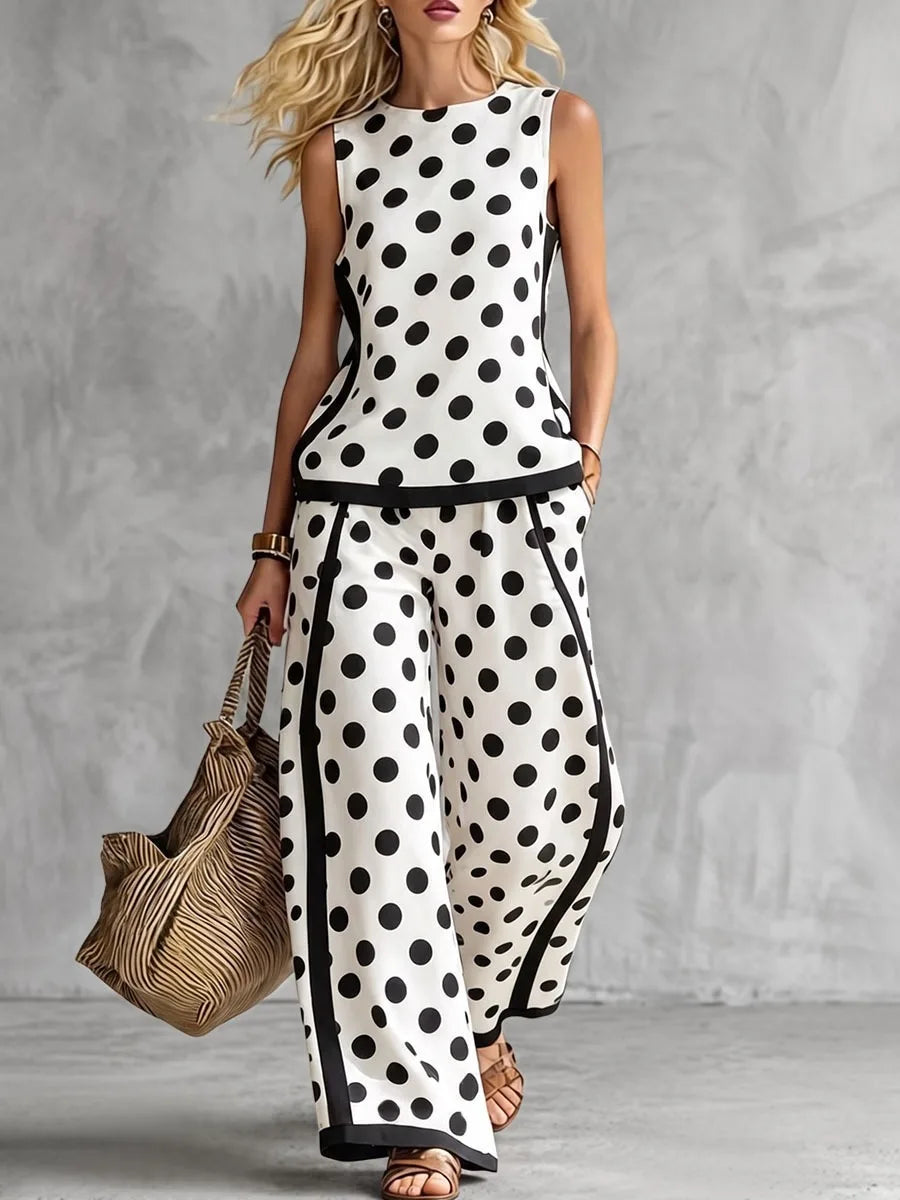 Bonboho Women Black White Polka Dot Sleeveless Tank Top Round Neck Contrast Trim T-shirt Casual Summer Sleeveless Vest Top