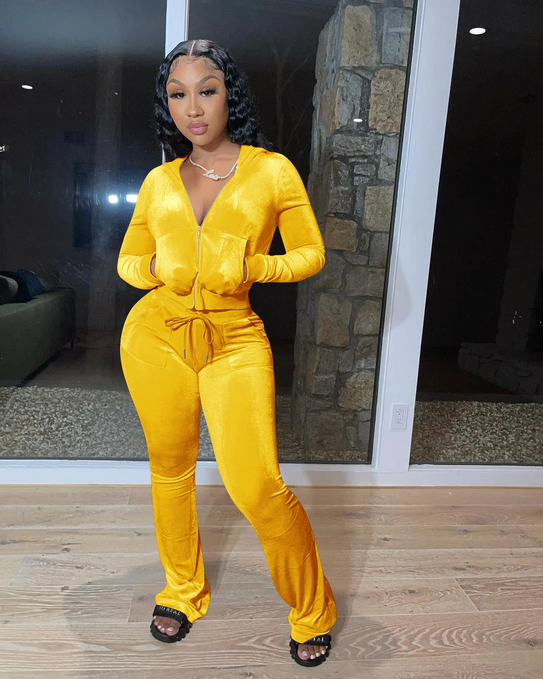 Hooded Zip Top And High Waist Pants Outfit Set for Women