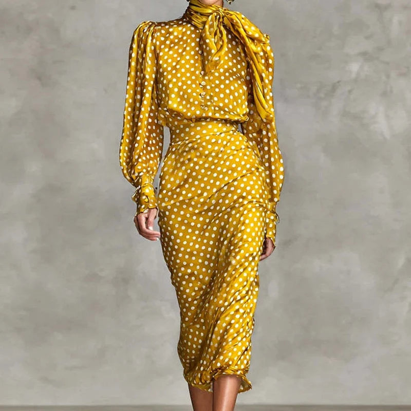 Elegant Polka Dot Long Sleeve Two Piece Skirt Set for Women