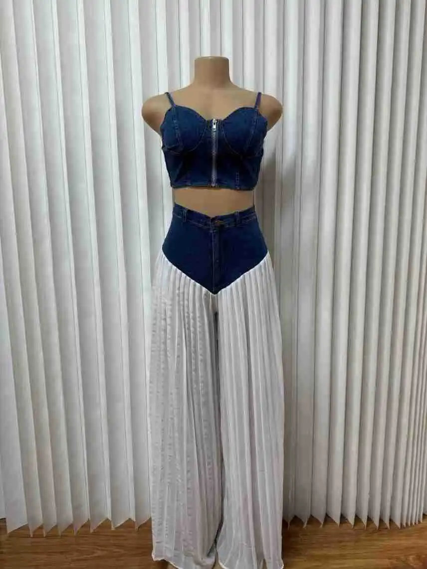 Casual Patchwork Wide Leg Denim Tracksuit Set for Women