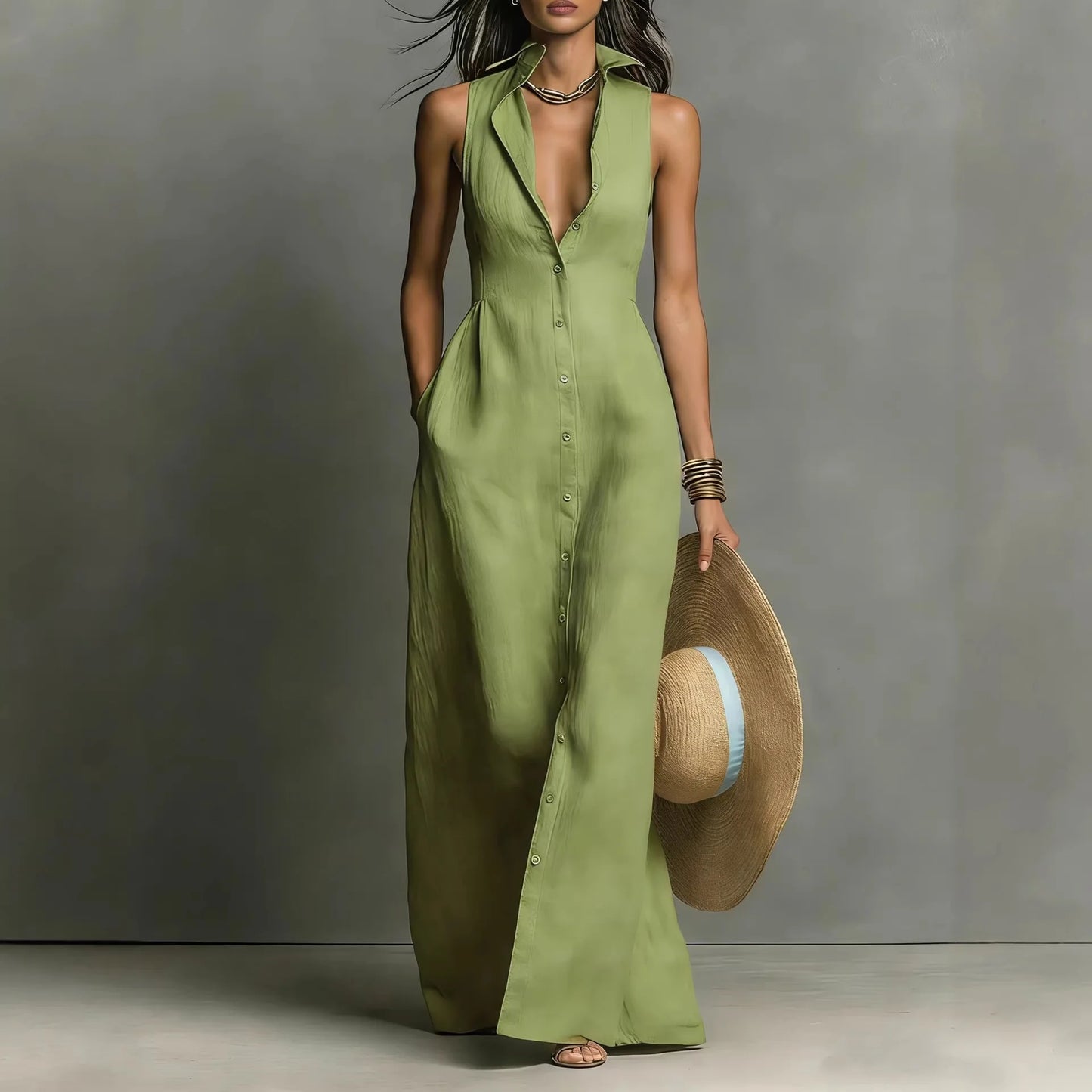 Elegant Deep V Neck Button Pocket Maxi Dress for Women