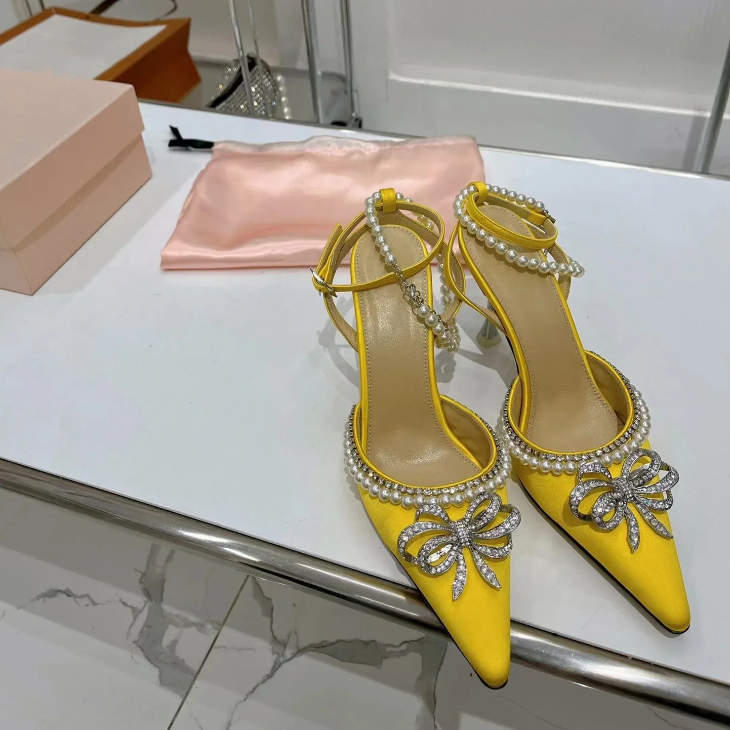 Candy Color Crystal Bow Pearls Buckle Sandals Design Women Rhinestones Bow Pointed Toe Pearls Buckle Slingback 8Cm Heel Sandals