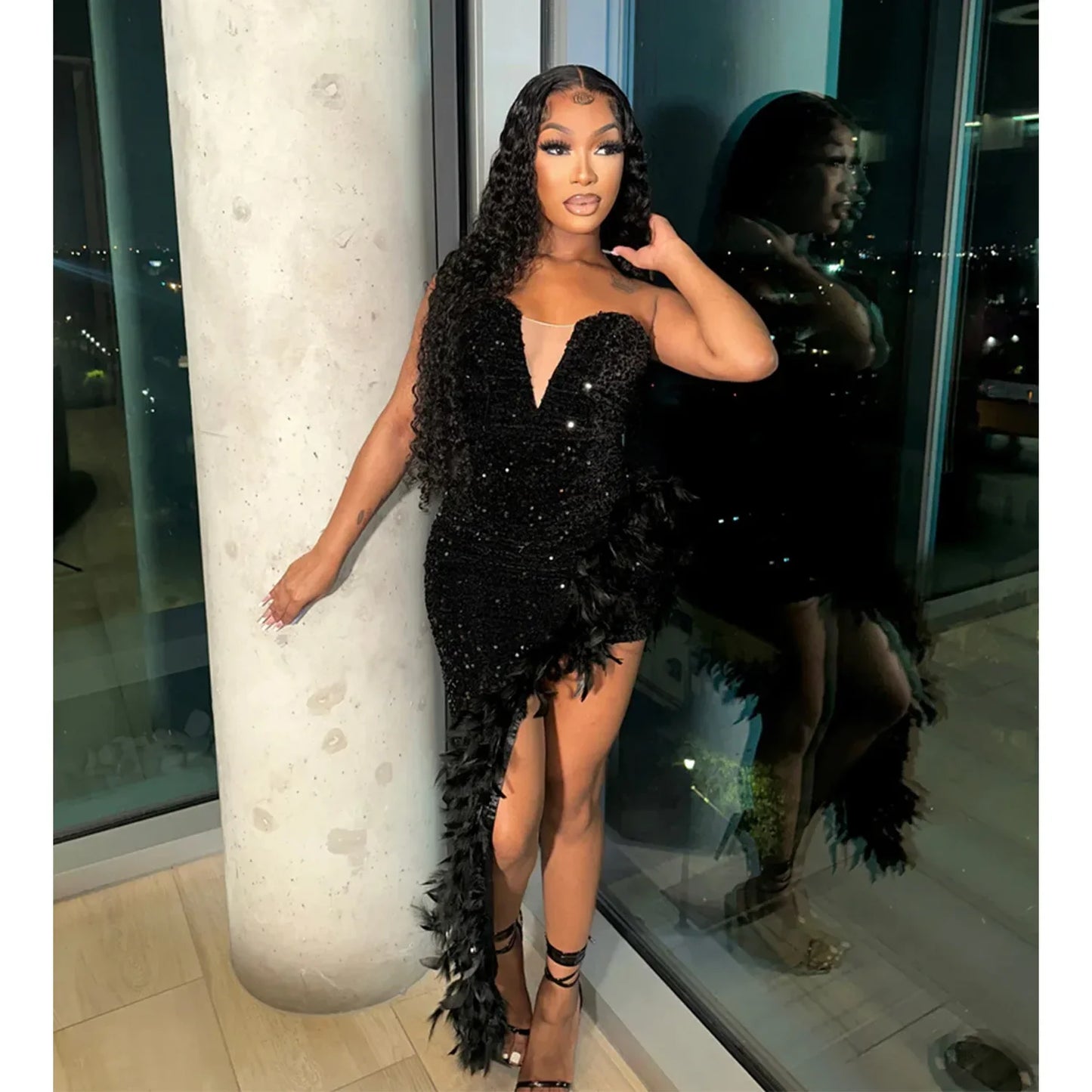 CM.YAYA Women Sequined Mesh Patchwork Strapless Feather Side High Side Split Maxi Dress 2023 Evening Sexy Long Dresses Vestidos