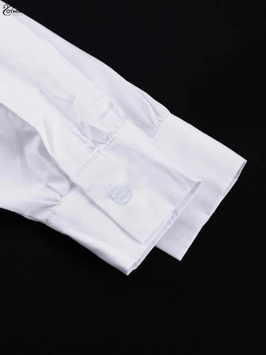 Oymimi Elegant White Lapel Women's Dress Fashion Three Quarter Sleeve Pockets Dresses Casual Button Pleated Ankle-Length Dresses