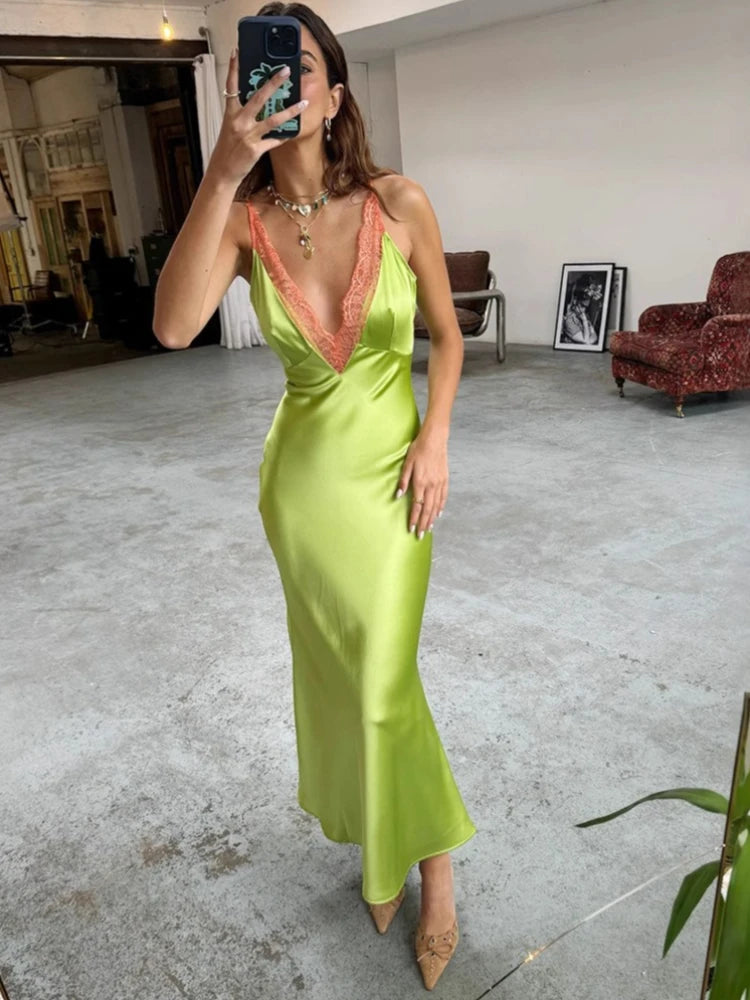 Lace Trim V-Neck Sleeveless Ankle Length Maxi Dress for Women