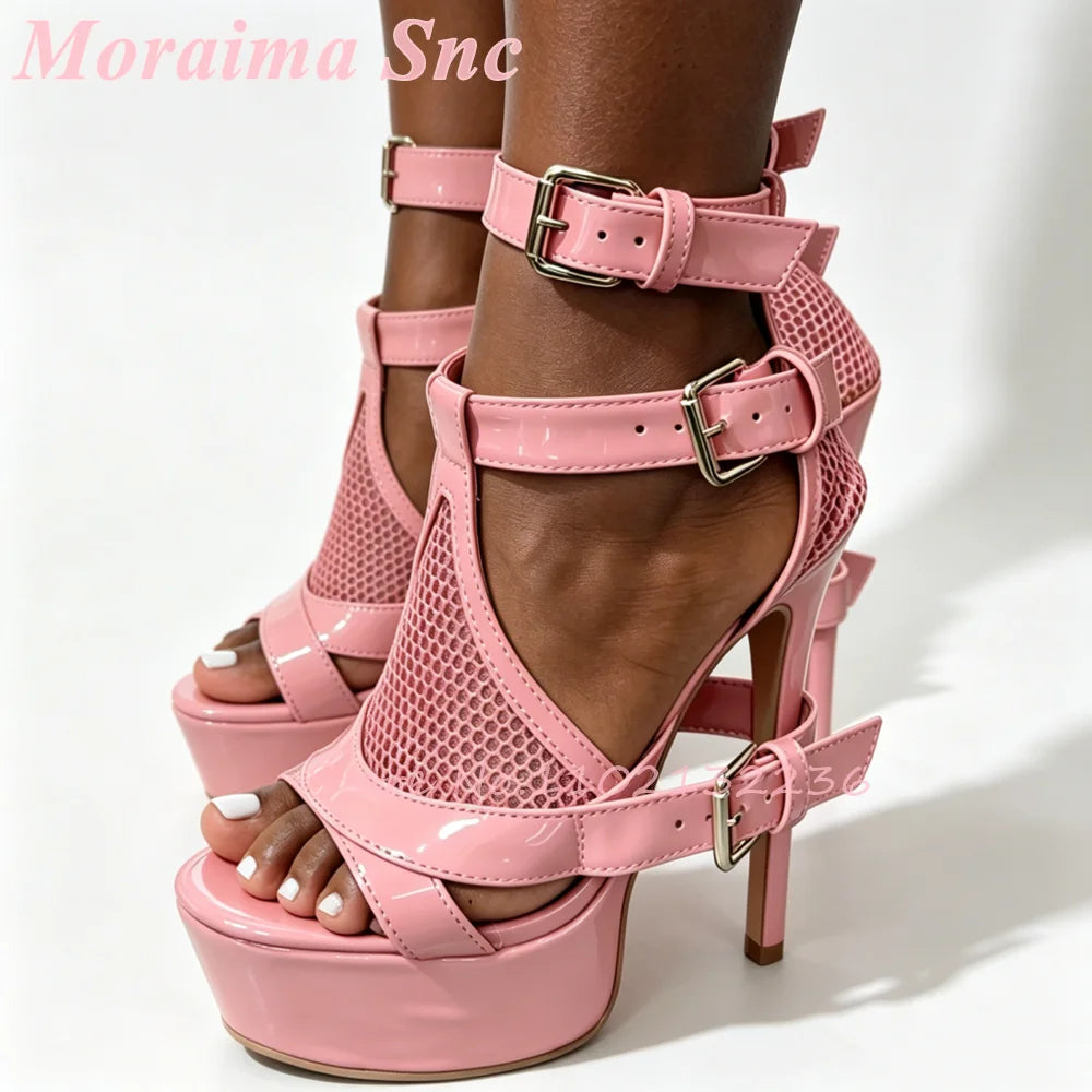 Mesh Cutout Patent Platform Sandals
