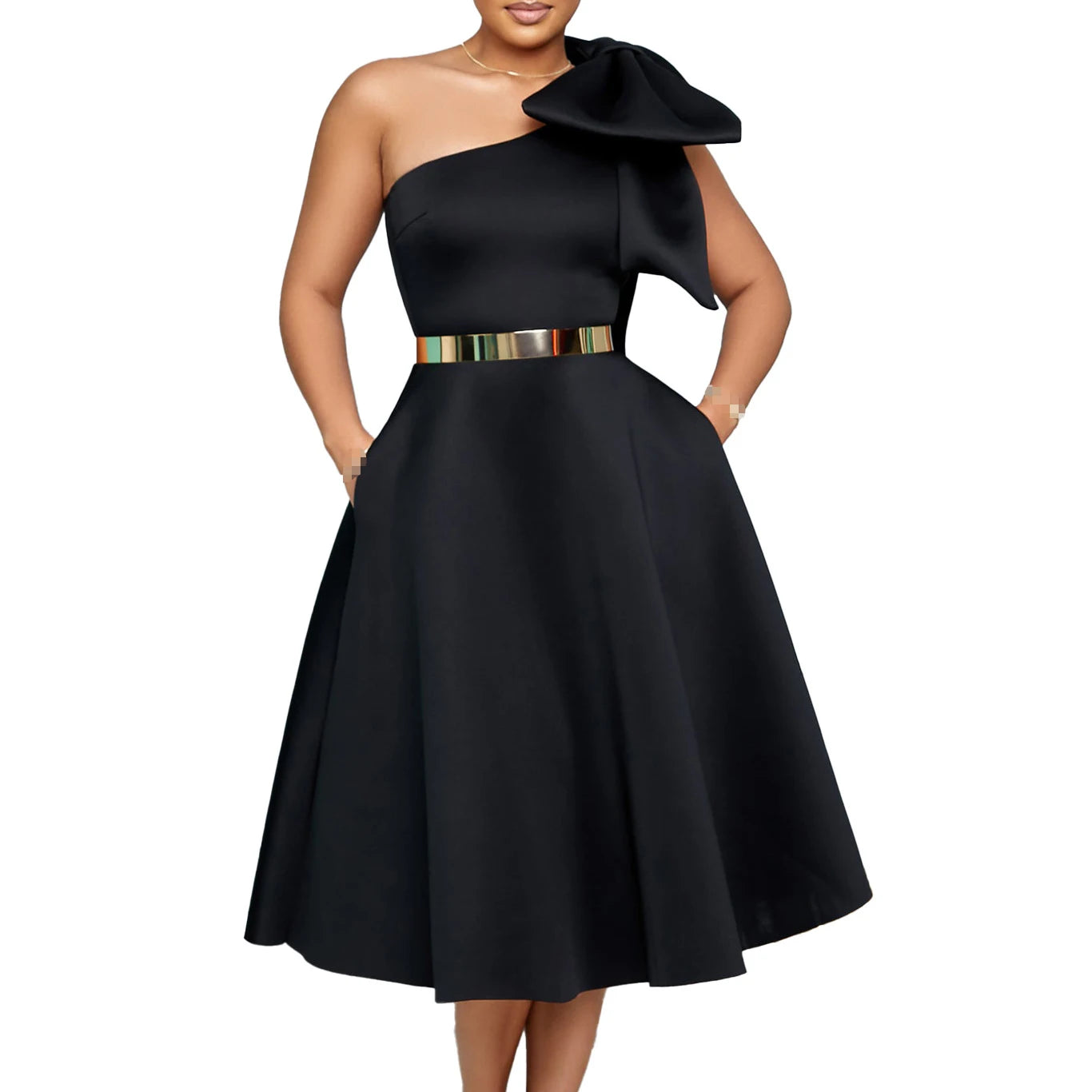 Dress One Shoulder A Line Pleated Knee Length Sleeveless Bow Belt Elegant Party Style