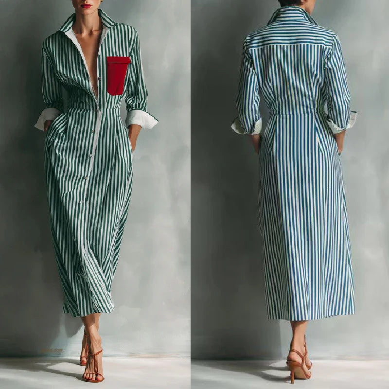 Casual Long Sleeve Stripe Print Dresses Fashion Turn Down Collar Pocket Shirt Dress Women Elegant Button Hight Waist Long Dress