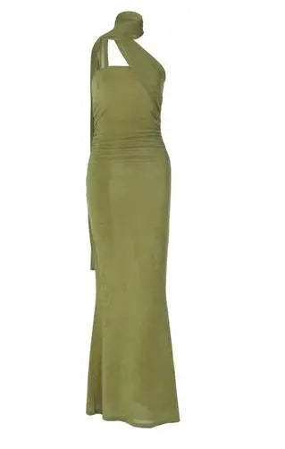 Women Ruched Long Bodycon Dress Slim Solid Color Sleeveless Open Back Halter Neck Dress with Scarf