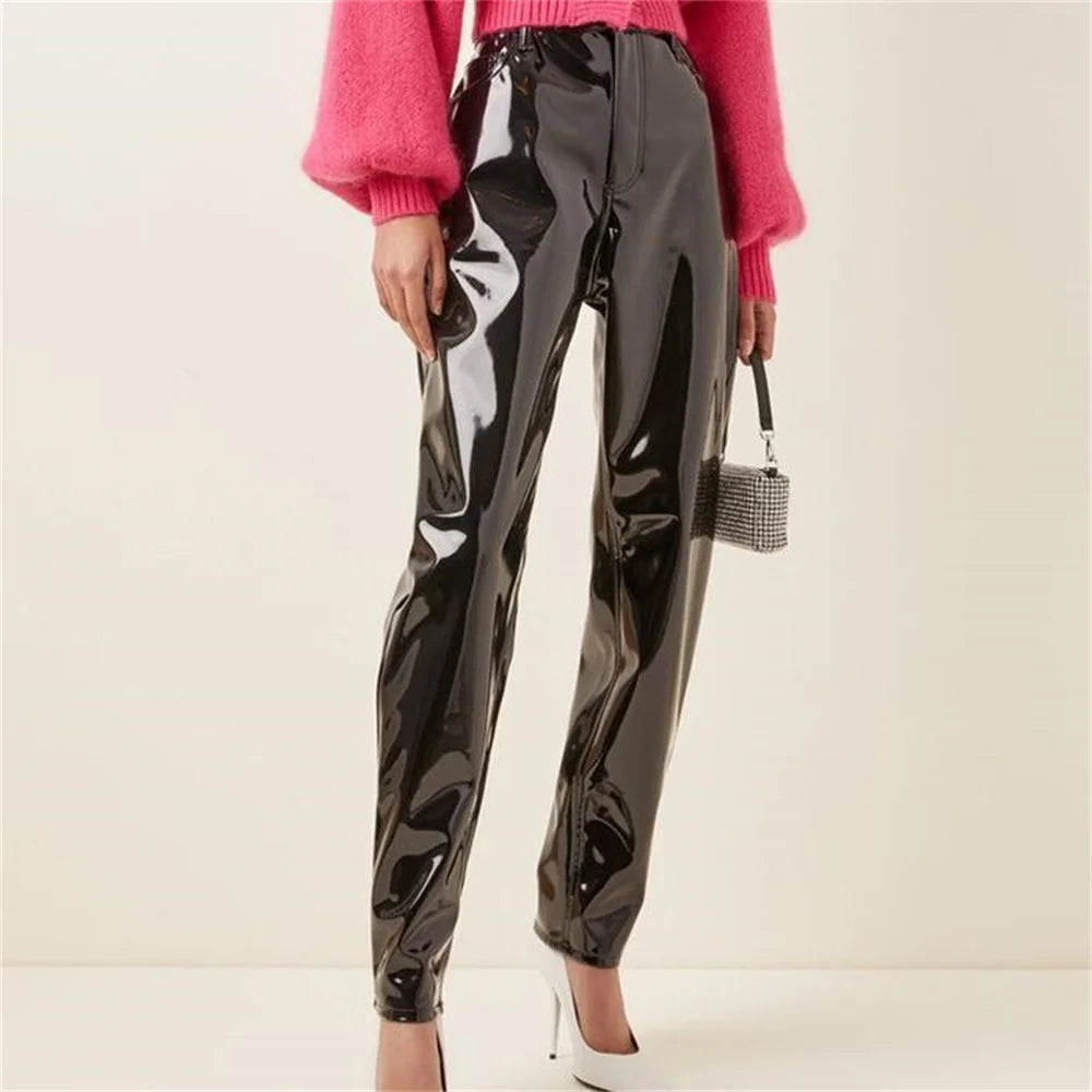 High Waisted Glossy Faux Leather Casual Pants For Women