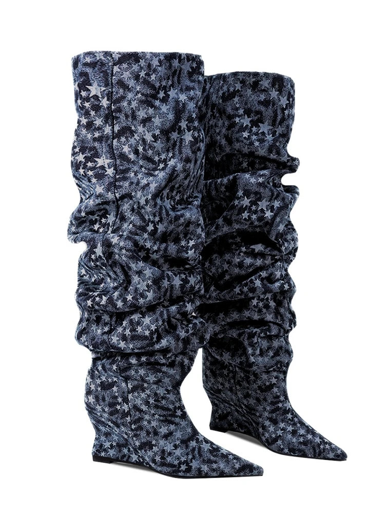 Pointed Toe Denim Over-The-Knee With Wedge Boots for Women