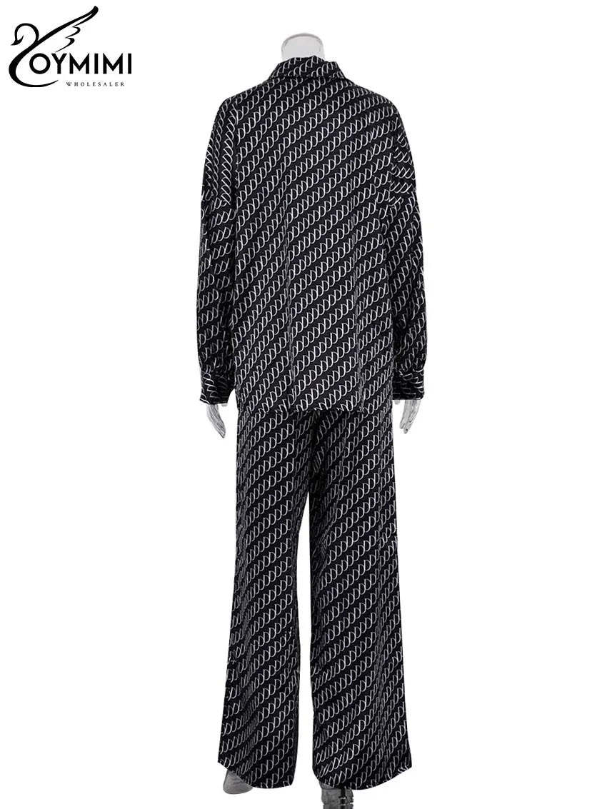 Oymimi Fashion Black Print Womens 2 Piece Outfit Set Elegant Lapel Long Sleeve Shirts And High Waisted Lopse Straight Pants Sets