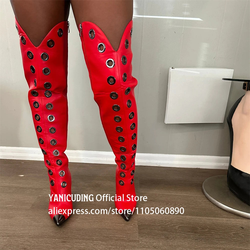 Metal Eyelet Pointed Toe Over The Knee Boots for Women