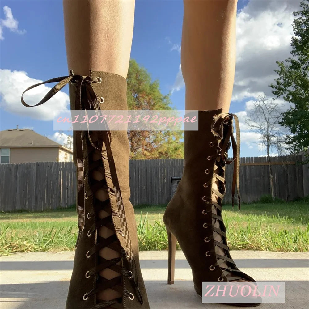Open-Toe Suede Boots With Lace-Up Side Zipper for Women