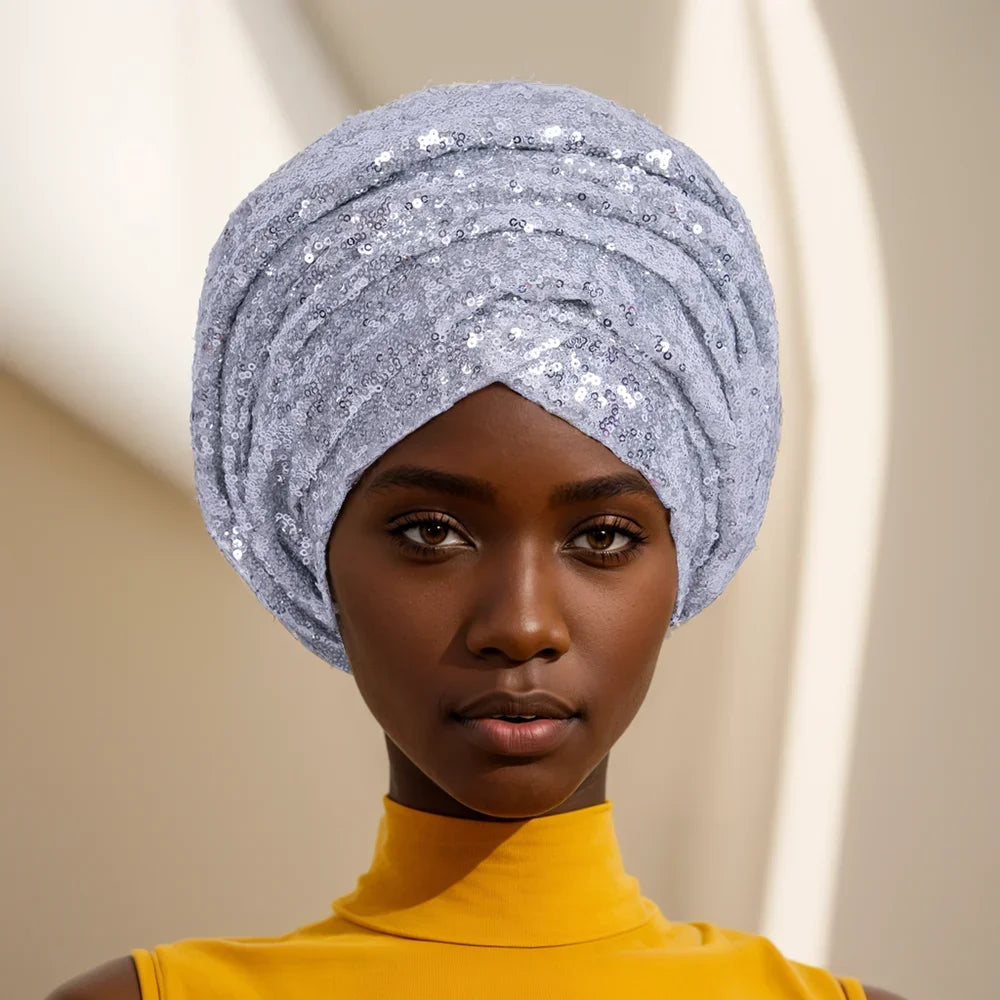 Gleaming Sequined African Print Head Wrap for Women