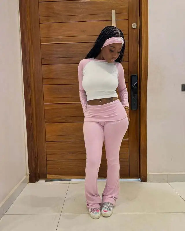 FAGADOER Casual 2 Pieces Set for Woman Long Sleeve Round Neck T-Shirt and High Waist Pants Matching Tracksuits Female Sportswear
