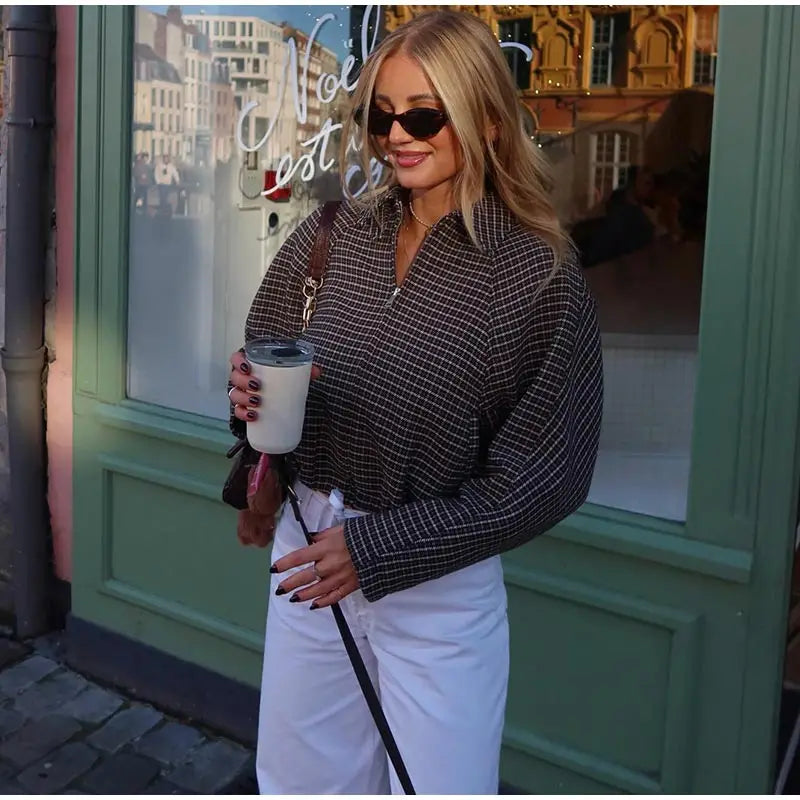 Vintage Plaid Women 's Jacket Elegant Lapel Patchwork Full Sleeve Zipper Cropped Jackets Lady 2026 Woman Spring Coats Outwears