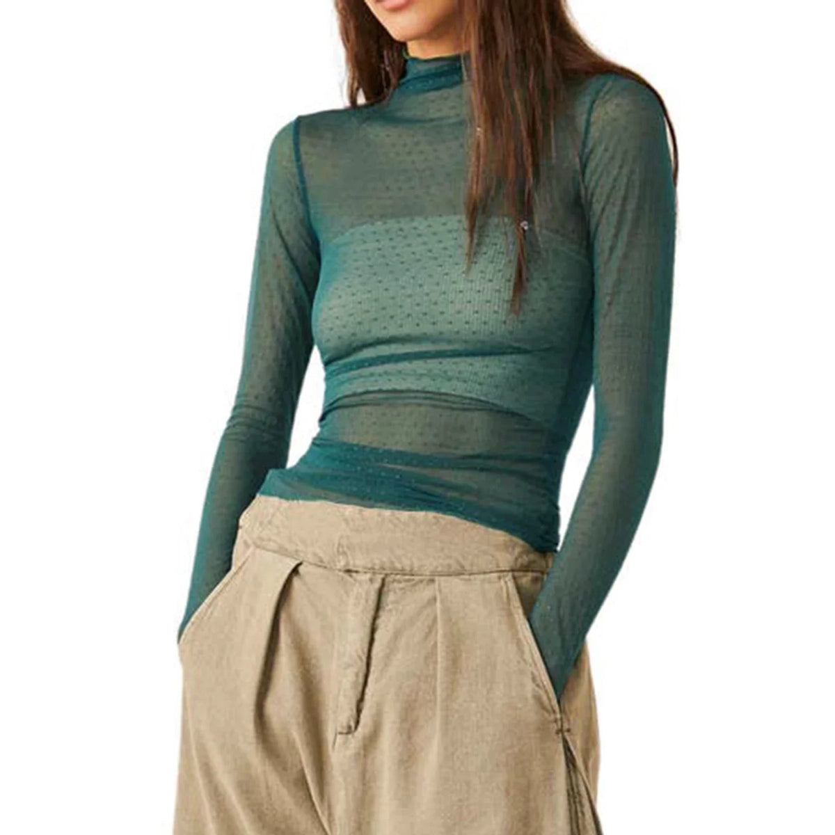 Sheer Mesh Polka Dot Turtleneck Long Sleeve Top for Women