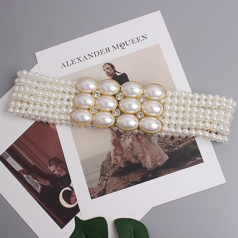 Pearl Embellished Elastic Waist Chain Belt for Women