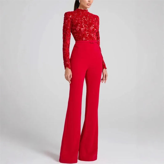 Embroidery Lace Red Jumpsuits Women Sexy Slim Long-sleeved Belt High Waist Jumpsuit Female 2025 Casual Lady Party Rompers