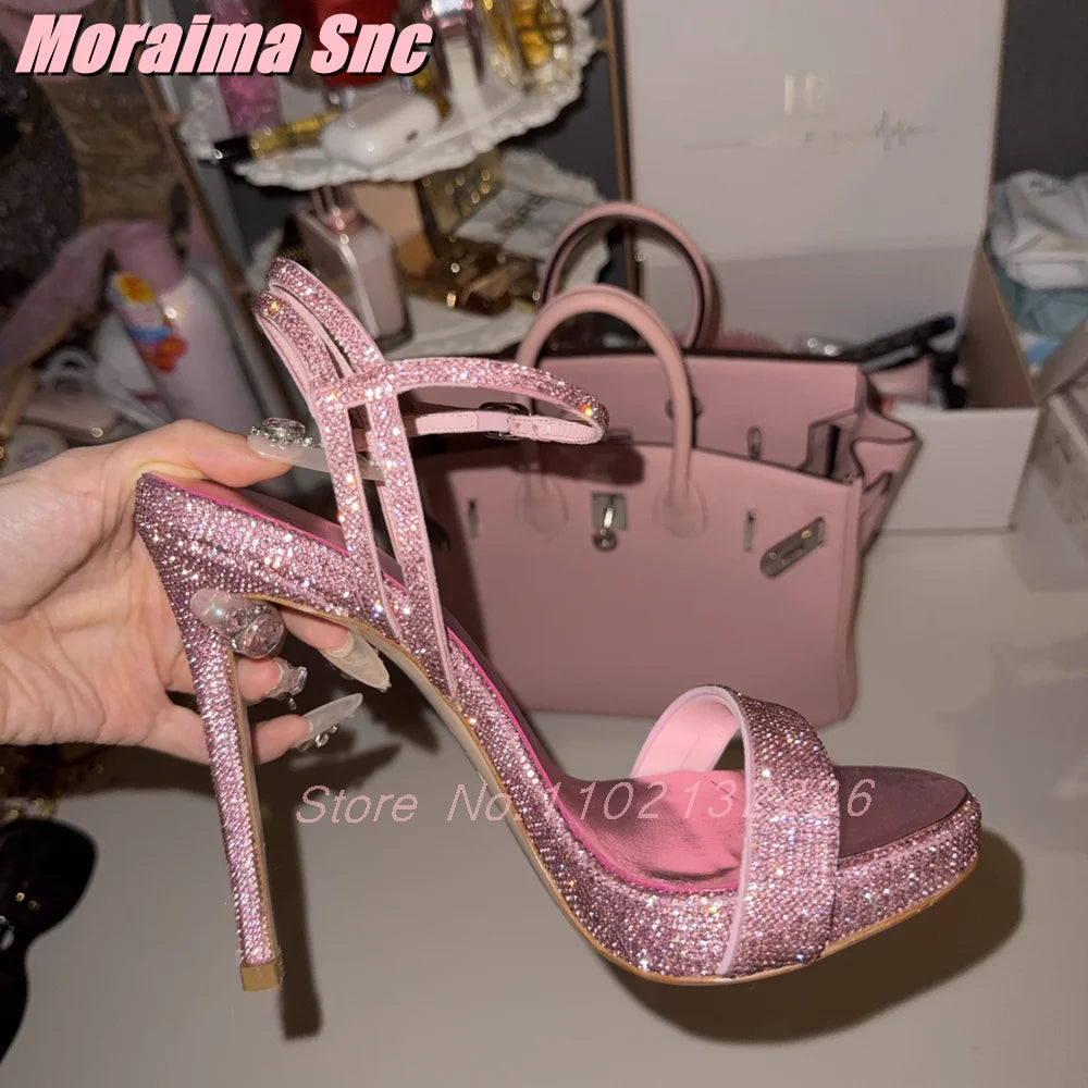 Elegant Pink Crystal Stiletto Sandals With Ankle Strap For Women