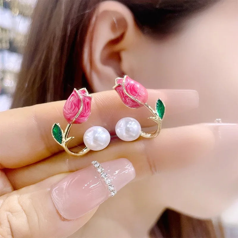 Pearl Tulip Enamel Stud Earrings With Zircon Drops for Women