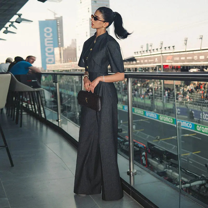 Street Denim Casual Top and Wide Leg Pants Set for Women
