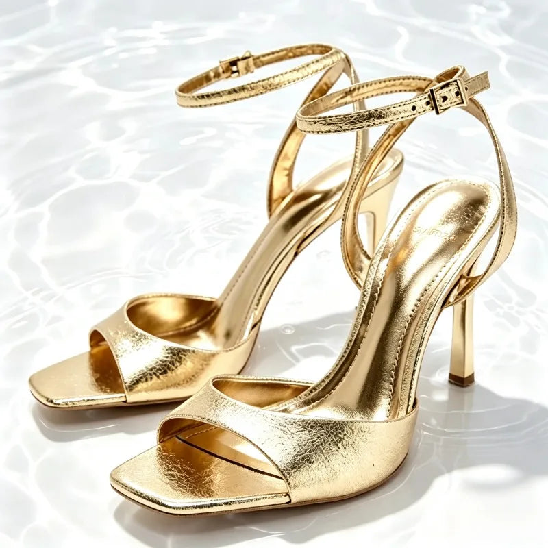 Pink Square Toe Ankle Strap Heeled Sandals for Women