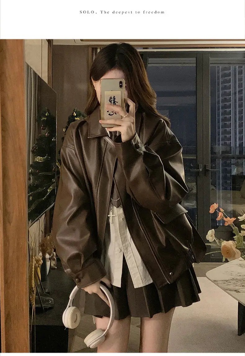 Short American Retro PU Leather Baseball Jacket for Women
