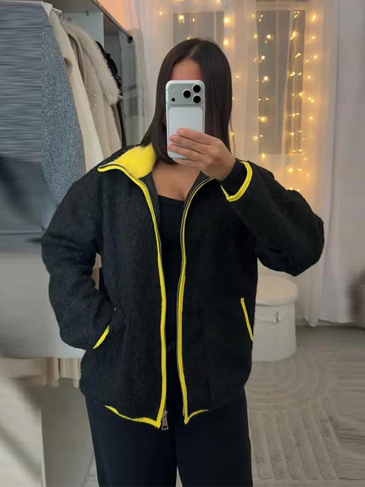 Fuzz Yellow Contrast Long Sleeve With Zipper Coat for Women