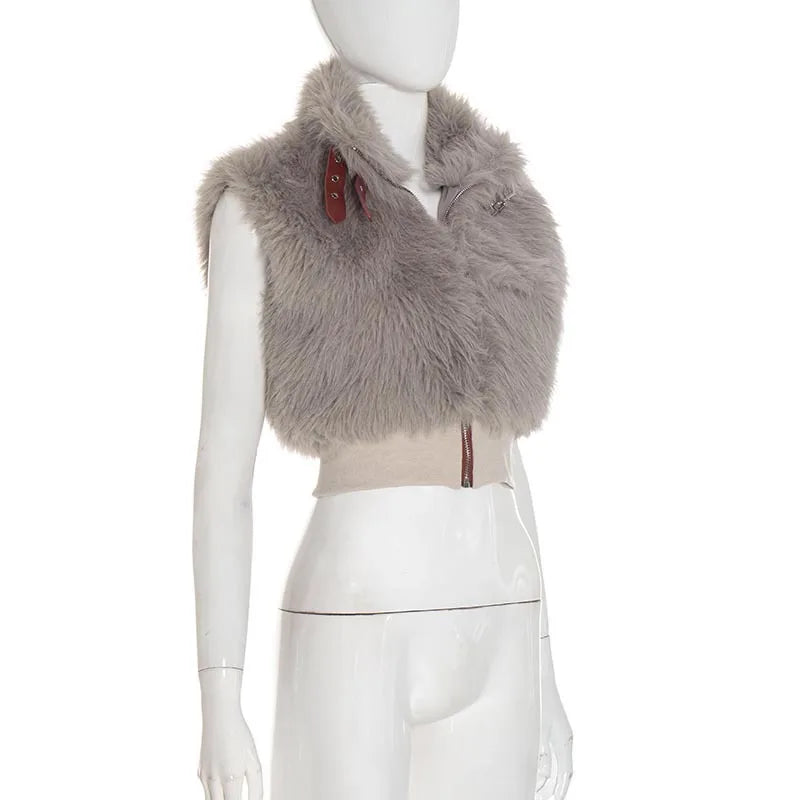Faux Fur Patchwork Sleeveless Zipper Vest for Women