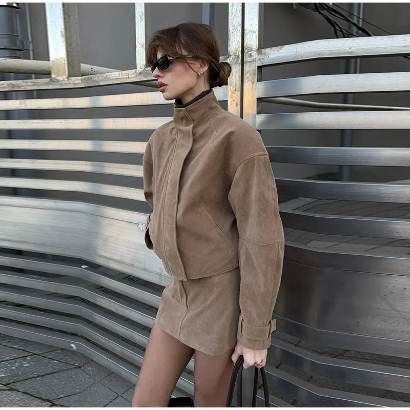 Vintage Suede Jacket and Mini Skirt Two Piece Set for Women