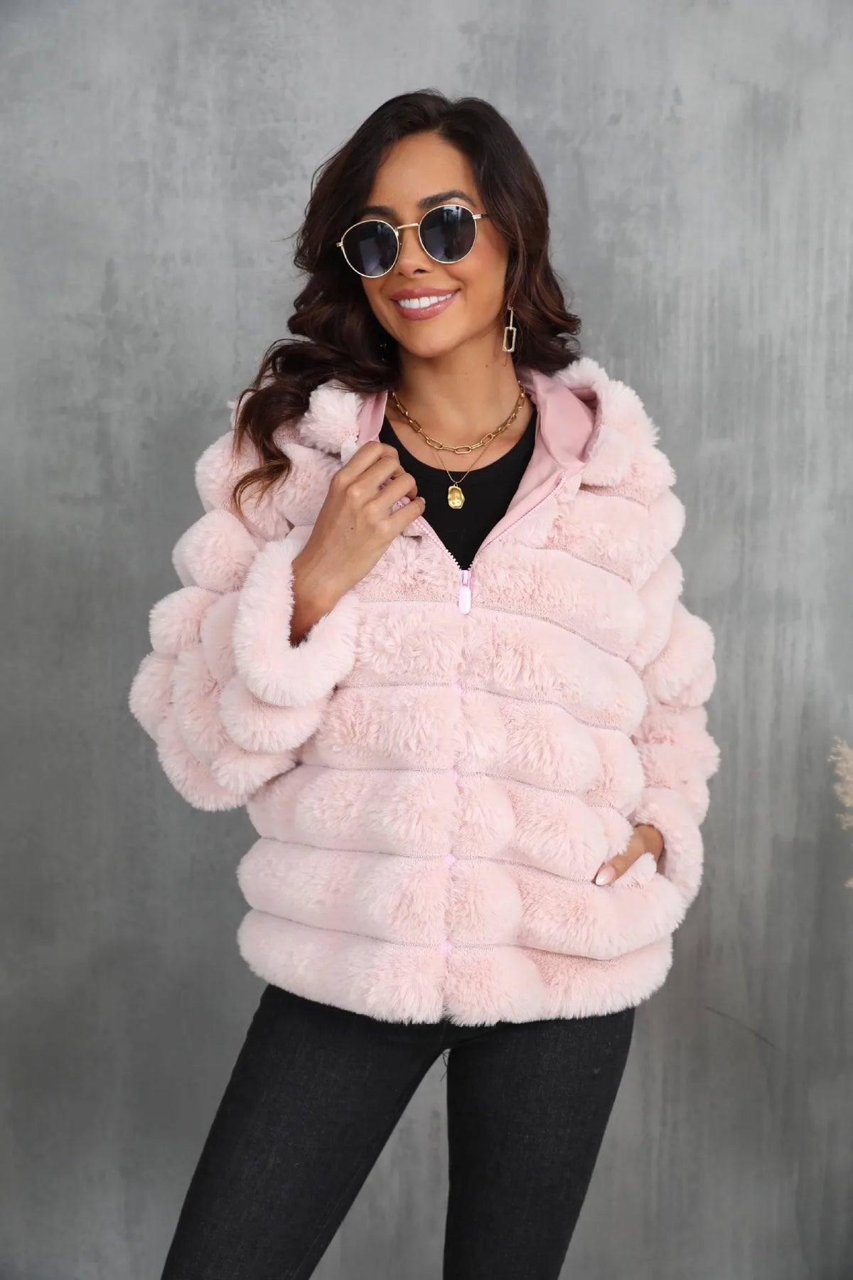 Warm Hooded Short Faux Fur Coat With Turn Down Collar for Women