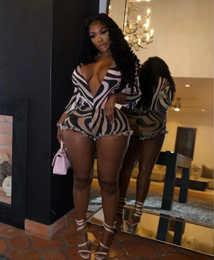 FAGADOER Sexy Stripe Print Two Piece Outfits Woman Long Sleeves See Through V-neck  Crop Top and Shorts Suit Hot Girl Streetwear