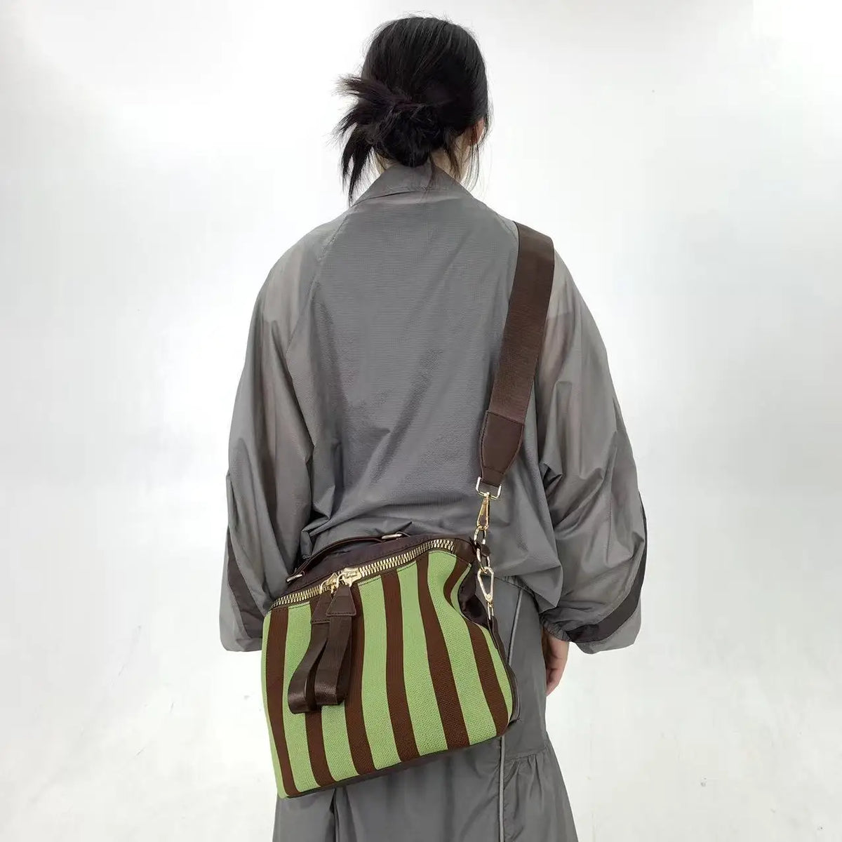 Quilted Striped Mesh Crossbody Shoulder Bag for Women